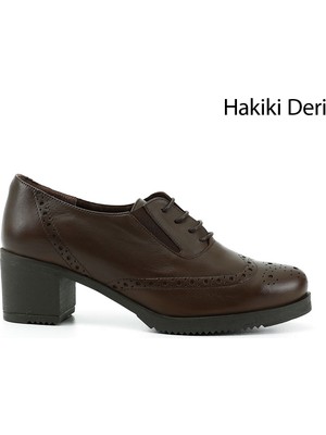 GÖNDERİ Kadın Kahve Antik  Bağcıklı Orta Kalın Topuklu Hakiki Deri Oxford Ayakkabı