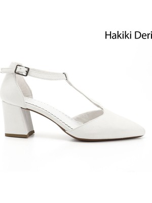 Kadın Beyaz Bilekten Bağlı Orta Topuklu Hakiki Deri Ayakkabı