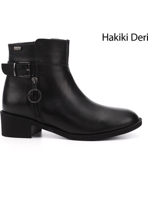 GÖNDERİ Kadın Siyah  Fermuarlı Kalın Topuklu Hakiki Deri Bot