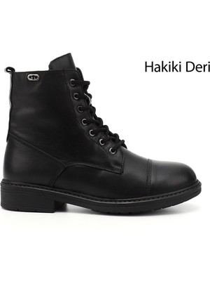 GÖNDERİ Kadın Siyah  Fermuarlı Hakiki Deri Postal Bot