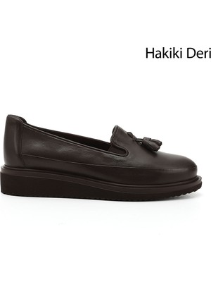 GÖNDERİ Kadın Kahve Antik  Dolgu Taban Püsküllü Hakiki Deri Ayakkabı
