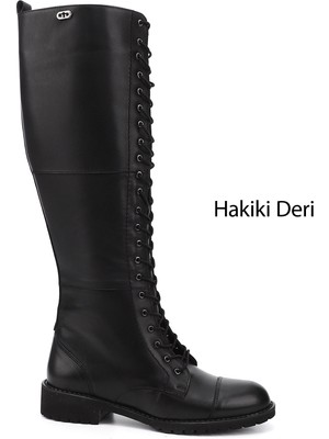 Gönderi(r) Kadın Siyah Fermuarlı Kauçuk Taban Hakiki Deri Postal Çizme