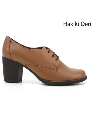 Kadın Açık Taba Bağcıklı Orta Kalın Topuklu Hakiki Deri Oxford Ayakkabı