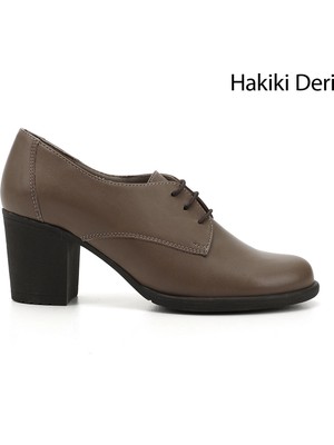 Kadın Vizon Bağcıklı Orta Kalın Topuklu Hakiki Deri Oxford Ayakkabı
