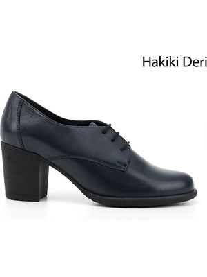 Kadın Lacivert Bağcıklı Orta Kalın Topuklu Hakiki Deri Oxford Ayakkabı