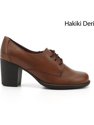 Kadın Taba Bağcıklı Orta Kalın Topuklu Hakiki Deri Oxford Ayakkabı
