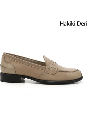 Gön Hakiki Deri Yuvarlak Burun Kısa Topuklu Loafer Kadın Günlük Ayakkabı 24138