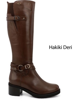 GÖNDERİ Kadın Kahve Antik  Fermuarlı Kalın Topuklu Hakiki Deri Çizme