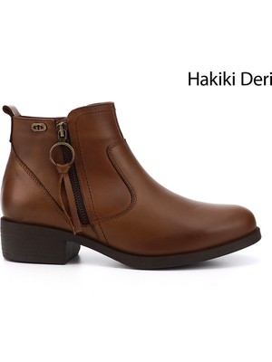 Gönderi(r) Kadın Taba Antik Fermuarlı Kalın Topuklu Hakiki Deri Bot