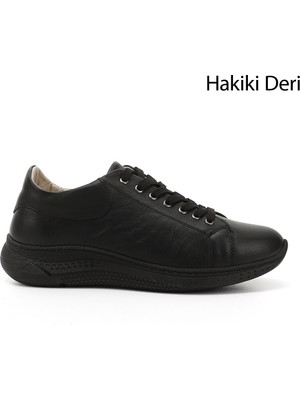 GÖNDERİ Kadın Siyah  Bağcıklı Dolgu Taban Hakiki Deri  Sneaker