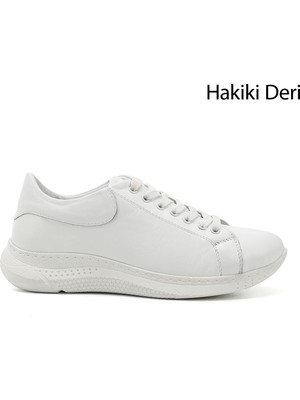 GÖNDERİ Kadın Beyaz  Bağcıklı Dolgu Taban Hakiki Deri  Sneaker