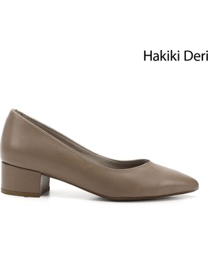 Gönderi® Kadın Vizon Antik Kısa Kalın Topuklu Hakiki Deri Ayakkabı