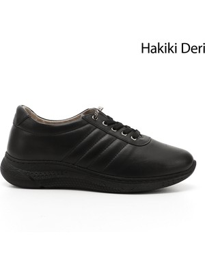 GÖNDERİ Kadın Siyah  Bağcıklı Dolgu Taban Hakiki Deri Sneaker