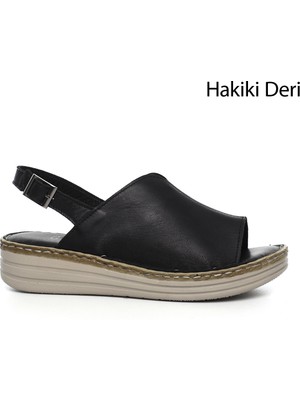 Gönderi(r) Kadın Siyah Dolgu Topuk Hakiki Deri Comfort Sandalet