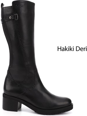 Gönderi® Kadın Siyah Fermuarlı Kalın Topuklu Hakiki Deri Çizme