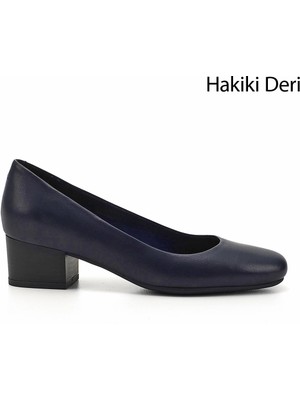 GÖNDERİ Kadın Antik Lacivert Kısa Kalın Topuklu Hakiki Deri Ayakkabı