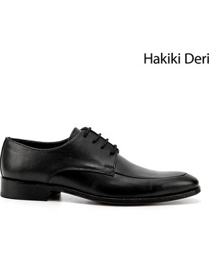 GÖNDERİ Erkek Siyah  Bağcıklı Kösele Taban Hakiki Deri Klasik Ayakkabı