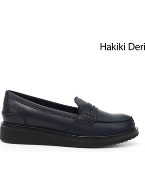 Gön Hakiki Deri Yuvarlak Burun Dolgu Taban Loafer Kadın Günlük Ayakkabı 24092
