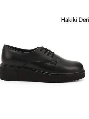 Kadın Siyah Bağcıklı Dolgu Taban Hakiki Deri Ayakkabı