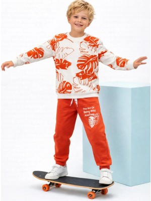 Buufuu Unisex Çocuk Yaprak Baskılı Uzun Kollu Eşofman Sweatshırt Takım