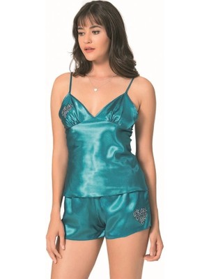 Amora Secret Özel Tasarım  Petrol Saten Babydoll Şort Takımı