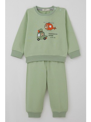 Breeze Erkek Bebek Eşofman Takımı Arabalı & Helikopterli Sevimli Ayıcık 6 Ay-2 Yaş, Fıstık Yeşili