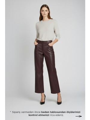 Deriderim Bordo Hakiki Deri Geniş Paça Kadın Pantolon