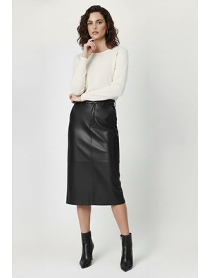 Deriderim Siyah Mita Midi Hakiki Deri Kadın Etek