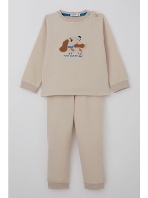 Breeze Erkek Bebek Eşofman Takımı Sevimli Köpekçik Nakışlı 9 Ay-3 Yaş, Krem