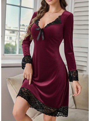 Etiler Collection Kadın Uzun Kollu V Dantel Yakalı Mini Kadife Elbise