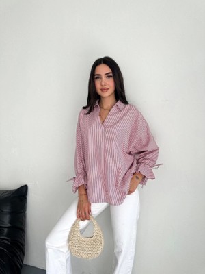 Etiler Collection Arkası Asimetrik Yırtmaç Kesim Detaylı Cizgili Bluz Gömlek - Bordo