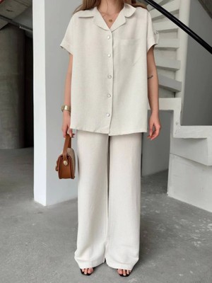 Etiler Collection Keten Kısa Kollu Cepli Gömlek Pantolon Ikili Takım - Beyaz