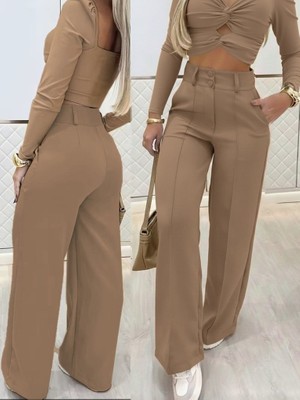 Etiler Collection Kadın Uzun Kollu Göğüs Dekolteli Ithal Krep Bluz ve Pantolon Ikili Takım