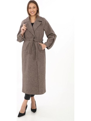 Etiler Collection Uzun Kaşe Kaban – Yünlü Dokuma Kaşmir Kumaş, Kruvaze Yaka, Kuşaklı Astarlı Tesettür Uyumlu Şık Kışlık Siyah Model- Vizon