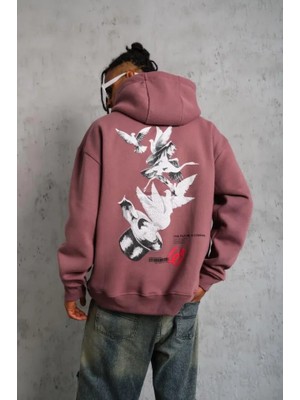 Etiler Collection Erkek Şapkalı Güvercin Baskılı Kapşonlu Sweat - Gül Kurusu