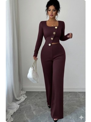 Etiler Collection Kadın Uzun Kol Kare Yaka Asimetrik Düğme Detay Bluz ve Yüksek Bel Pantolon Ikili Takım