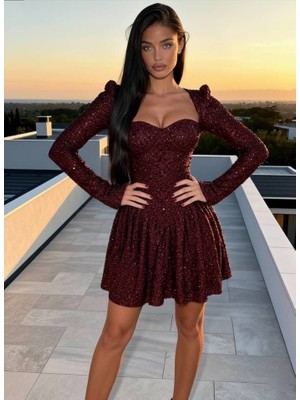 Etiler Collection Kadın Uzun Kollu Armut Yaka Pul Payet Işlemeli Mini Gece Elbisesi