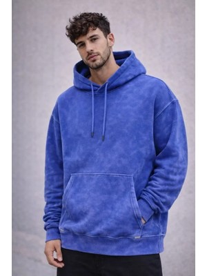 Etiler Collection Erkek Yağ Yıkamalı Kapşonlu Double Oversize Üç Iplik Pamuklu Sweatshirt - Mavi