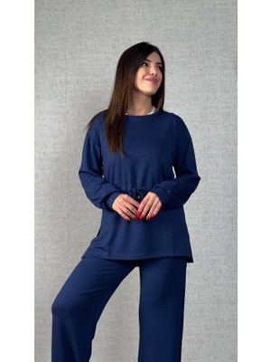 Etiler Collection Kadın Uzun Kollu Bisiklet Yaka Belden Büzgülü Bağcıklı Viskon Iki Iplik Bluz ve Pantolon Ikili Takım