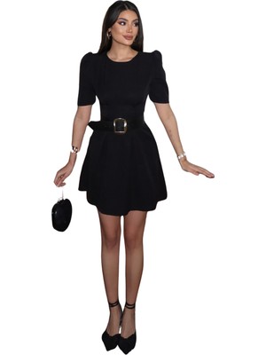 Kechi Woman Double Kumaş Prenses Kol Kemerli Elbise