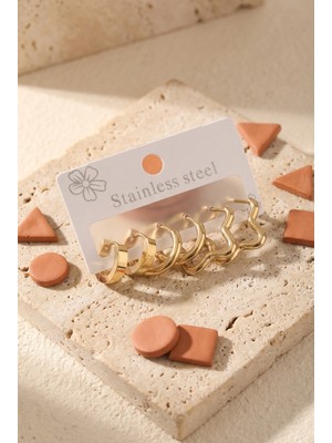 Lykos Çelik Gold Renk Yıldız Halka Model Kadın Küpe Seti