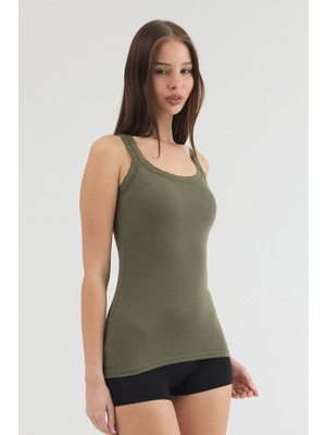 Malabadi Kadın Yeşil Kalın Askılı Dantelli Micro Modal Fitilli Kaşkorse Atlet 1018