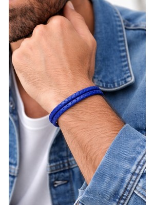 Herşey Nota Lacivert Hakiki Deri Örgü Erkek Bileklik – Mıknatıslı Tokalı