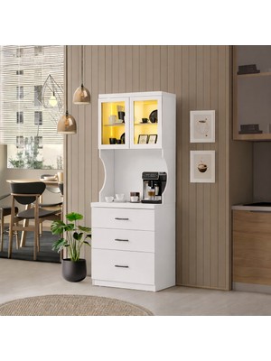 Setay Vitrinli Ünite, Liveo Kahve Köşesi, Çok Amaçlı Çekmeceli Camlı Kahve Ünitesi - Beyaz