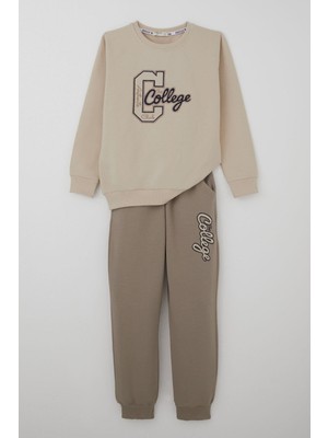 Breeze Erkek Çocuk Eşofman Takımı Kolej Rüzgarı Yazı Nakışlı 5-10 Yaş, Bej
