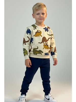 Breeze Erkek Çocuk Eşofman Takımı Kükreyen Dinozorlar Desenli 2-6 Yaş, Krem