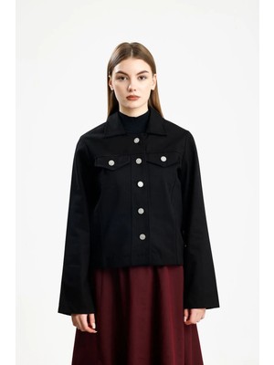 Pamuklu Gabardin Kapaklı Fıt Ceket Siyah