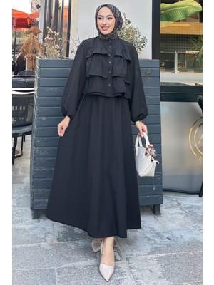 Tesettür Diyarı Fırfırlı Gömlekli Alt- Üst Mevce Tesettür Takım- Siyah