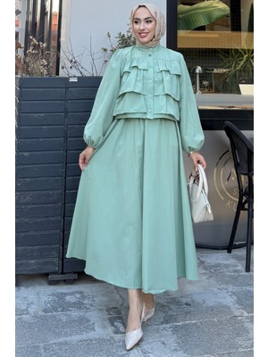 Tesettür Diyarı Fırfırlı Gömlekli Alt- Üst Mevce Tesettür Takım- Mint