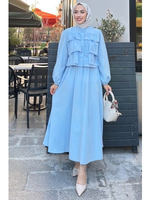 Tesettür Diyarı Fırfırlı Gömlekli Alt- Üst Mevce Tesettür Takım- Bebe Mavisi